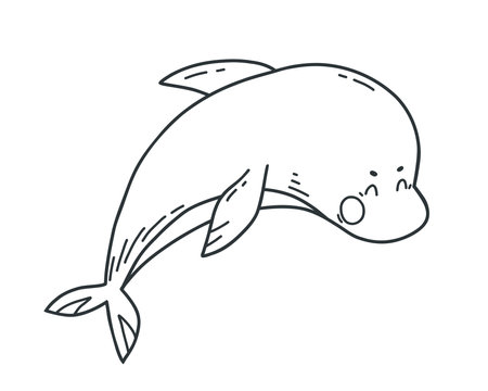 Cute Dolphin in doodle style. Hand drawn sea animal line art. Vector illustration isolated on white background for childrens stickers, postcard and coloring bookのイラスト素材