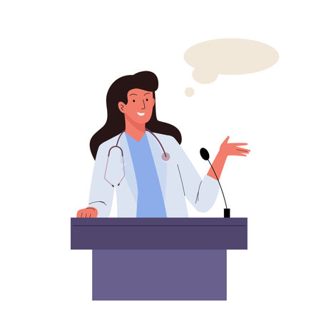Female medical doctor at podium and giving a speech at a medicine conference. Presentation scientific research. Flat vector illustrationのイラスト素材