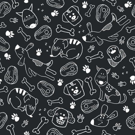 Funny seamless template with hand drawn dogs, paw prints and bones. Vector animal character in white color on black background. Cute surface design for textile, wrapping paperのイラスト素材