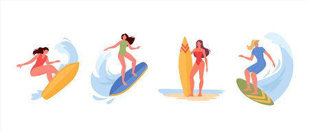 Young women riding surfboards. Active female characters Set in swimwear surfing ocean wave on summer holidays. Sport recreation, sea leisure hobby. Flat vector illustrations on white backgroundのイラスト素材