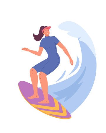 Young girl riding surfboards. Active female character in swimwear surfing ocean wave. Summer holidays, sport recreation, sea leisure hobby. Flat vector illustrations on white backgroundのイラスト素材