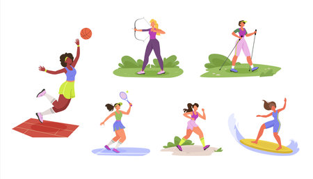 Sport Young women set performing sports activities. Active female characters jogging, nordic walking outdoors, riding surfboard, shooting bow, playing basketball and tennis. Flat vector illustrationのイラスト素材