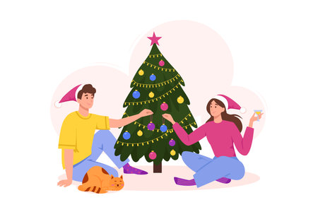 Man and woman decorate Christmas tree. Happy Family celebrating New Year at home together with holiday decorations. Vector illustrationのイラスト素材