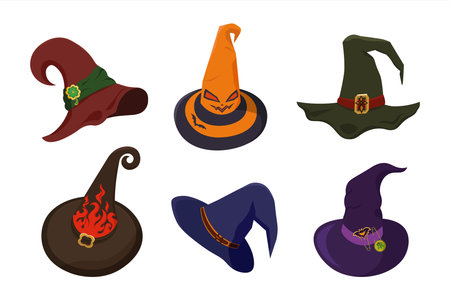Halloween Witch hats cartoon set. Magical hats decorated buckles in different shapes and colors. Vector illustration on isolated background for decorate holidayのイラスト素材