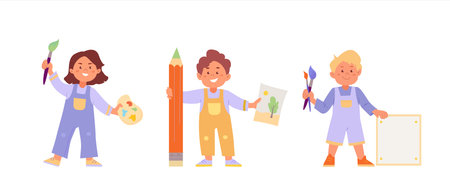 Children artists holding paintbrush, pallet, canvas and giant colored pencil. Happy boys and girl drawing pictures. Cartoon vector characters set isolated on white backgroundのイラスト素材