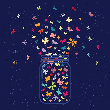 vector illustration / glass jar with plenty of butterflies inside on dark night sky backgroundのイラスト素材