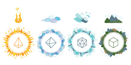 vector illustration of  four main elements fire water earth and air with matching geometrical shapes / horizontal banearのイラスト素材