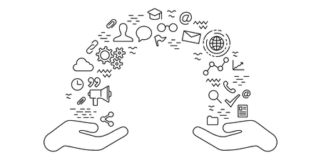 vector illustration / thin line flat design for knowledge exchange concpet with two hands and flow of education symbols in betweenのイラスト素材