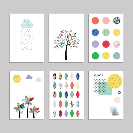 vector illustration / set of pages layouts in eighties geometrical bright style with trees clouds and shapes patternsのイラスト素材