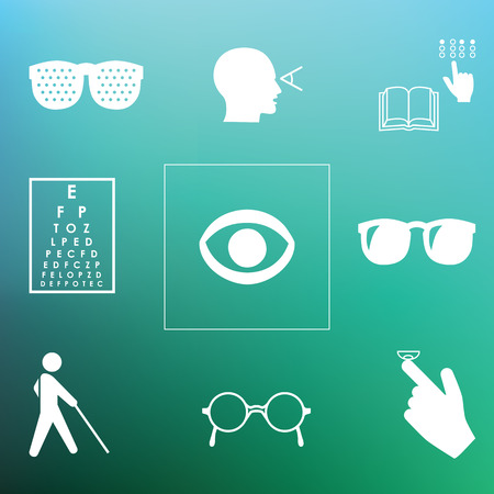 vector illustration / healthy vision icons / eye problems and vision tests with glasses and lenses on blurred backgroundのイラスト素材