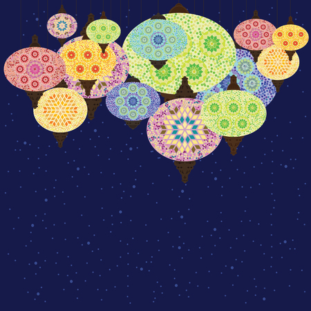 vector illustration of traditional ornamental lamps with colorful mosaic design hangingのイラスト素材