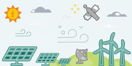 vector illustration of horizontal banner for ecological energy sources including sun batteries and wind turbine for power generation and weather forecast toolsのイラスト素材