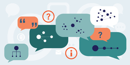 Illustration of discussion about structures and models  with speech bubbles and dialog symbolsのイラスト素材