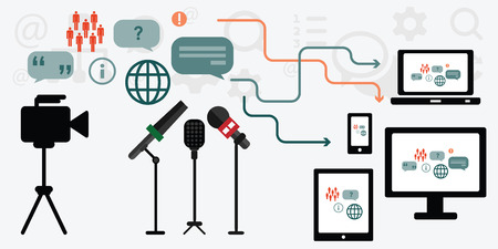 Illustration of process of creating media content news from studio to electronic devices broadcastのイラスト素材