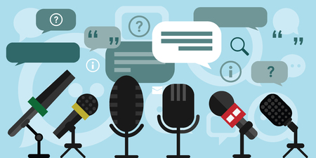 Illustration of press conference with microphones speech boxes quotes and communication process picturedのイラスト素材
