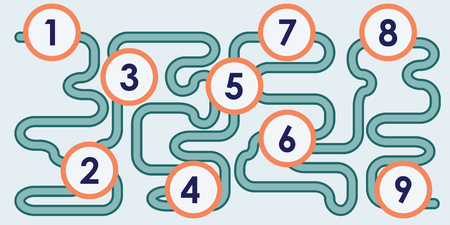 Illustration of stages of process with line and symbolical circles with numbersのイラスト素材