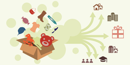 Vector illustration of horizontal banner with donations box with goods and donations distribution to different social groups concept.のイラスト素材
