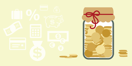Vector illustration of horizontal banner with donations jar with coins inside with place for text.のイラスト素材