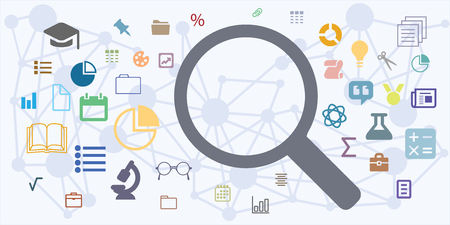 Vector illustration of data searching with magnifier and different symbols of information education science  internet documents with a space for text or symbol inside loupe.のイラスト素材