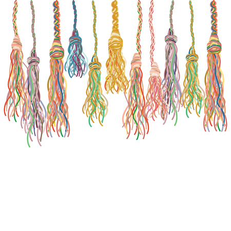 Vector illustration of colorful ethnic style tassels hanging on the wall for beautiful handmade decor graphic and design products presentations.のイラスト素材