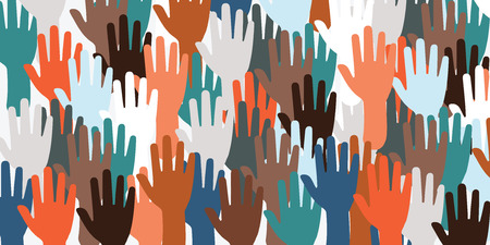 horizontal vector illustration for big number of hands voting and waving for election concert or meeting as website banner backgroundのイラスト素材