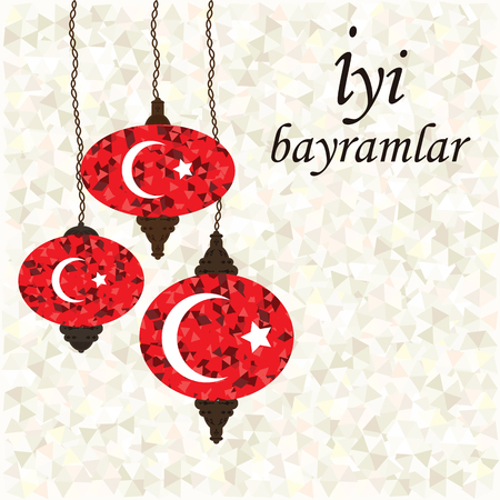 vector illustration of traditional ornamental lamps with colorful mosaic and flag of Turkey design and greeting in turkish language which means Happy Holidayのイラスト素材