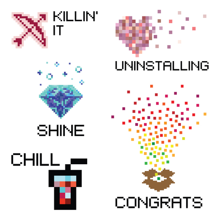 vector illustration for modern funny stickers for messenger or social media in pixel style and different slang expressions and acronyms and memesのイラスト素材