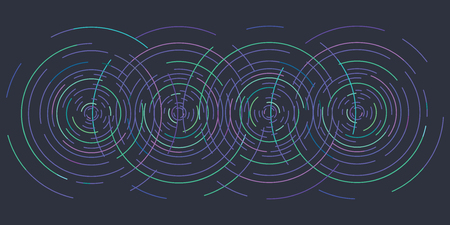 vector illustration of horizontal banner of blue concentric circles on dark backround as waves on water or other physical effects for modern designsのイラスト素材