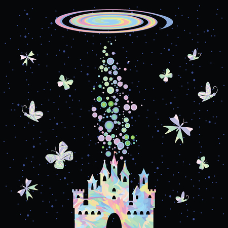 vector illustration of colorful holographic rainbow castle on the dark sky background for cosmic spiritual temple concept with spiral galaxy and shiny lightsのイラスト素材