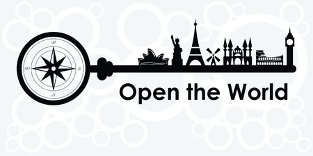 Illustration of world famous landmarks silhouettes on the key with compass for travel concepts in black and white colorsのイラスト素材