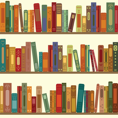 vector illustration of seamless pattern of bookshelves with retro style books for vintage bookstore backround or wallpaperのイラスト素材