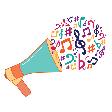 vector illustration for loudspeaker with music notes bubble coming out as sound concept for live music shows and radio programmsのイラスト素材