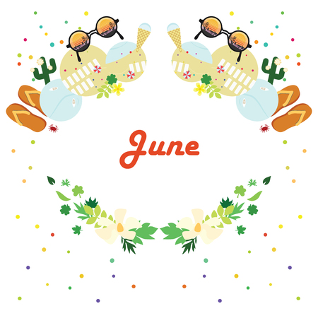 vector illustration for june month calendar page with symmetrical stylish seasonal symbolsのイラスト素材