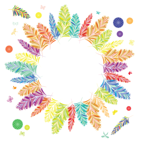 vector illustration of colorful rainbow feathers in circle shape design for decorative festive frames and bohemian style designsのイラスト素材