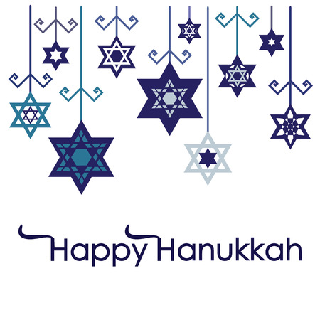 A vector illustration for Jewish Holiday Hanukkah with hanging stars and snowflakes decoration with Happy Hanukkah lettering.のイラスト素材