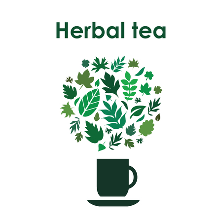 A vector illustration for herbal tea with cup and leaves in circle design on white background.のイラスト素材