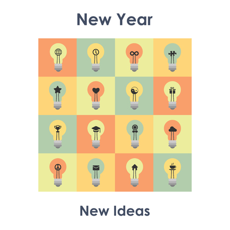 A minimalistic vector illustration for New Year greeting card with ideas and lamps in square design on white background.のイラスト素材