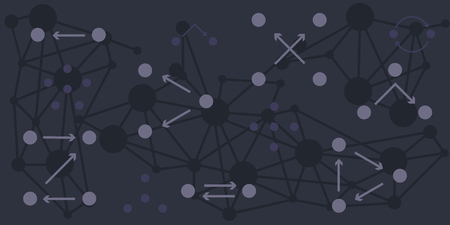 vector illustration of scheme and models with circles and arrows showing relation between objects in simple flat style on dark blue backgroundのイラスト素材