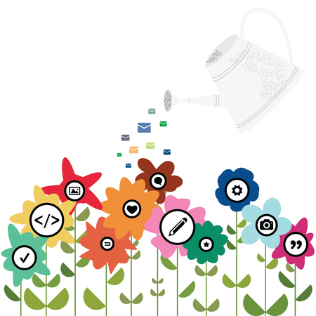 vector illustration for growing online presence concept with watering flowers and social communication media symbolsのイラスト素材