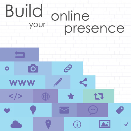 vector illustration of social media symbols on brick wall background for internet technologies startups and building online presence conceptのイラスト素材