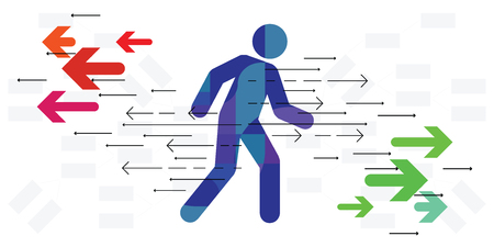 vector illustration of person moving back and forth visualized with red and green arrows for possible directions conceptのイラスト素材