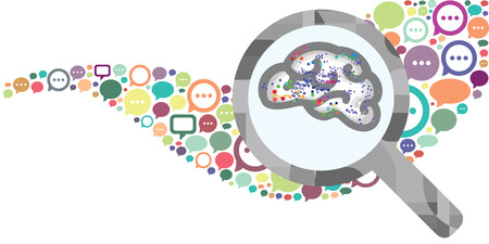 vector illustration of speech bubbles and brain in magnifier for new ideas born in discussion conceptのイラスト素材