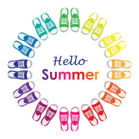 vector illustration of circle frame made from colorful sport shoes for casual footwear concepts with hello summer textのイラスト素材