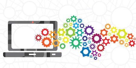 vector illustration of gearwheels and mechanism and laptop for electronic devices repair serviceのイラスト素材