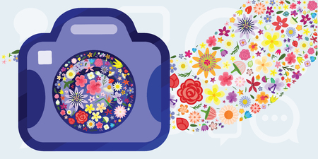 vector illustration of flowers and camera for travel summer photos inspiration conceptのイラスト素材