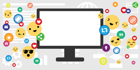 vector illustration of empty screen with social media emoji and likes icons with place for text or copy space in the middleのイラスト素材