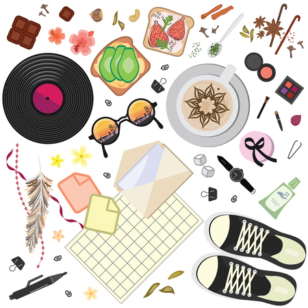 vector illustration of flat lay composition of different office stationery and fashion style items for blogger picture on daily life conceptのイラスト素材