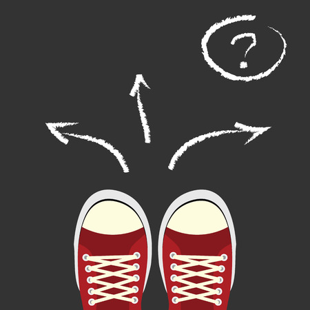 vector illustration / red sportive shoes in front of three arrows with question mark / concept of young person making a choiceのイラスト素材