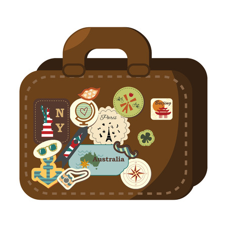 vector illustration / travel vintage concept / hipster traveling suitcase with stickers from different cities around the worldのイラスト素材