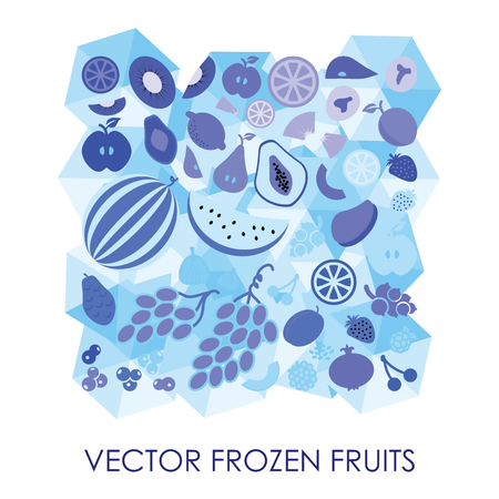 vector illustration / frozen fruits / blue ice cubes backgroundのイラスト素材